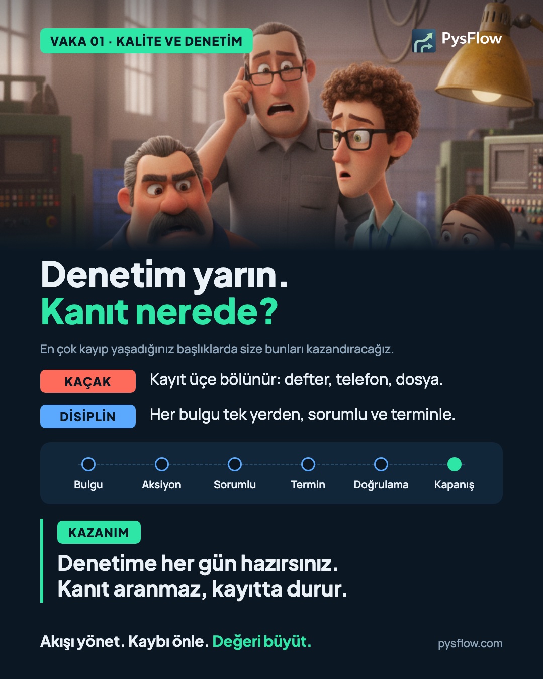 PysFlow kazanım kartı. Kalite ve denetim: "Denetim yarın. Kanıt nerede?" Kaçak: aynı kayıt deftere, telefona ve dosyaya bölünür. Disiplin: her bulgu tek yerden, sorumlu ve terminle girilir. Kazanım: denetime her gün hazırsınız, kanıt kayıtta durur.