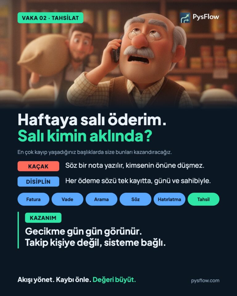 PysFlow kazanım kartı. Tahsilat: "Haftaya salı öderim." Kaçak: ödeme sözü bir nota yazılır, kimsenin önüne düşmez. Disiplin: her ödeme sözü tek kayda girilir, söz günü doğru kişinin önüne düşer. Kazanım: gecikme gün gün görünür, takip sisteme bağlı.