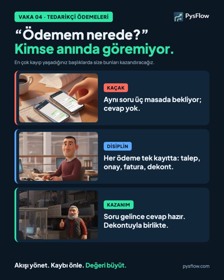 PysFlow kazanım kartı. Tedarikçi ödemeleri: "Ödemem nerede?" Kaçak: aynı soru üç masada bekler. Disiplin: her ödeme tek kayıtta; talep, onay, fatura, ödeme ve dekont. Kazanım: tedarikçi sorduğunda cevap dekontuyla hazır.