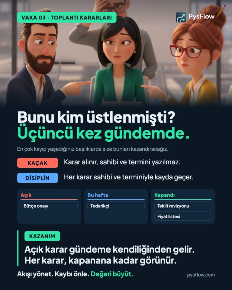 PysFlow kazanım kartı. Toplantı kararları: "Bunu kim üstlenmişti?" Kaçak: karar alınır ama sahibi yazılmaz, aynı konu üçüncü kez gündemde. Disiplin: her karar sahibi ve terminiyle kayda geçer, açık kalanlar bir sonraki toplantıya gelir. Kazanım: her karar kapanana kadar görünür.